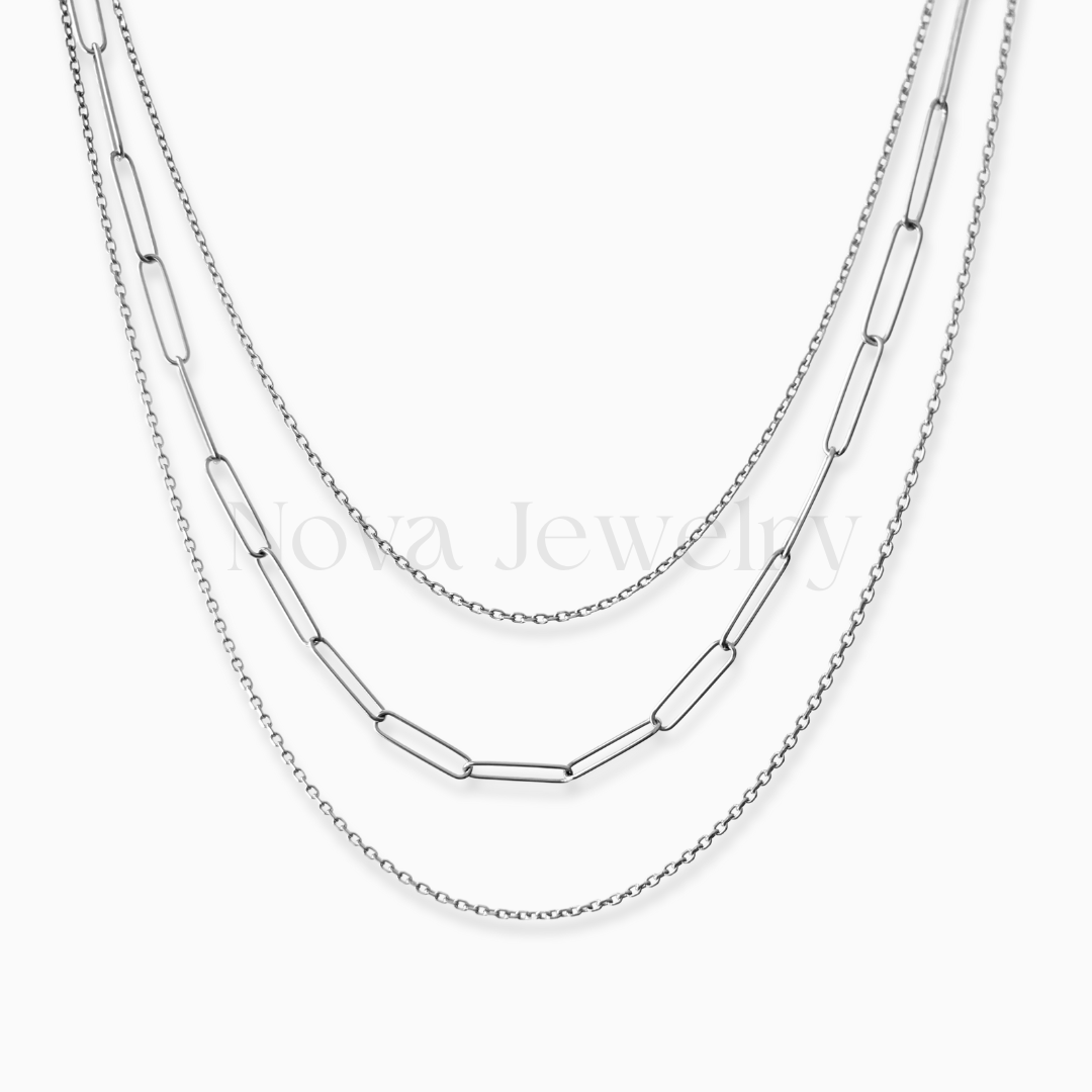 3-Layer Cable Link Chain Silver Stainless Steel Necklace