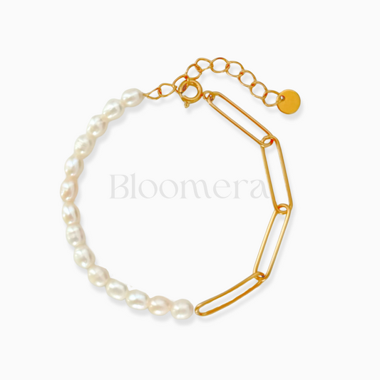 Half Pearl Link Chain 18K Gold Plated Stainless Steel Bracelet