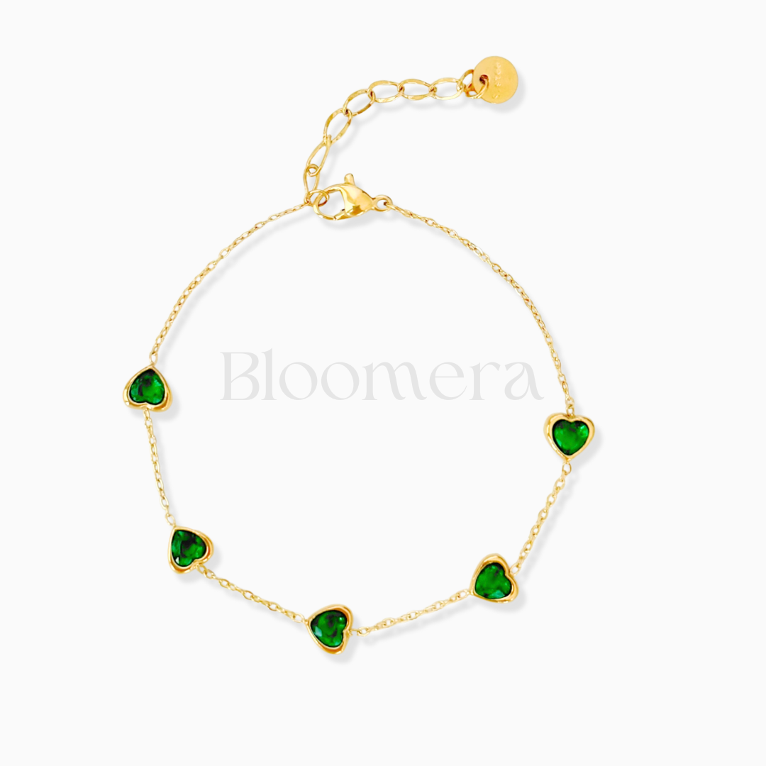 Green Crystal Heart 18K Gold Plated Stainless Steel Bracelet