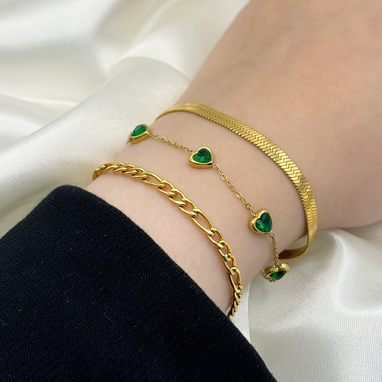 Green Crystal Heart 18K Gold Plated Stainless Steel Bracelet