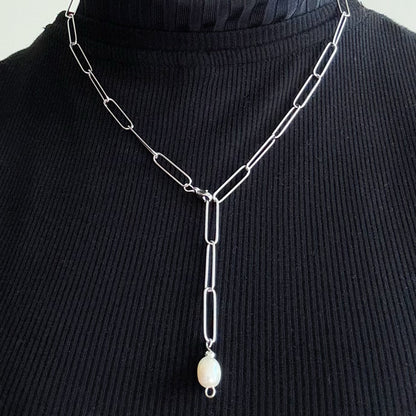 Pearl Silver Link Chain Stainless Steel Necklace